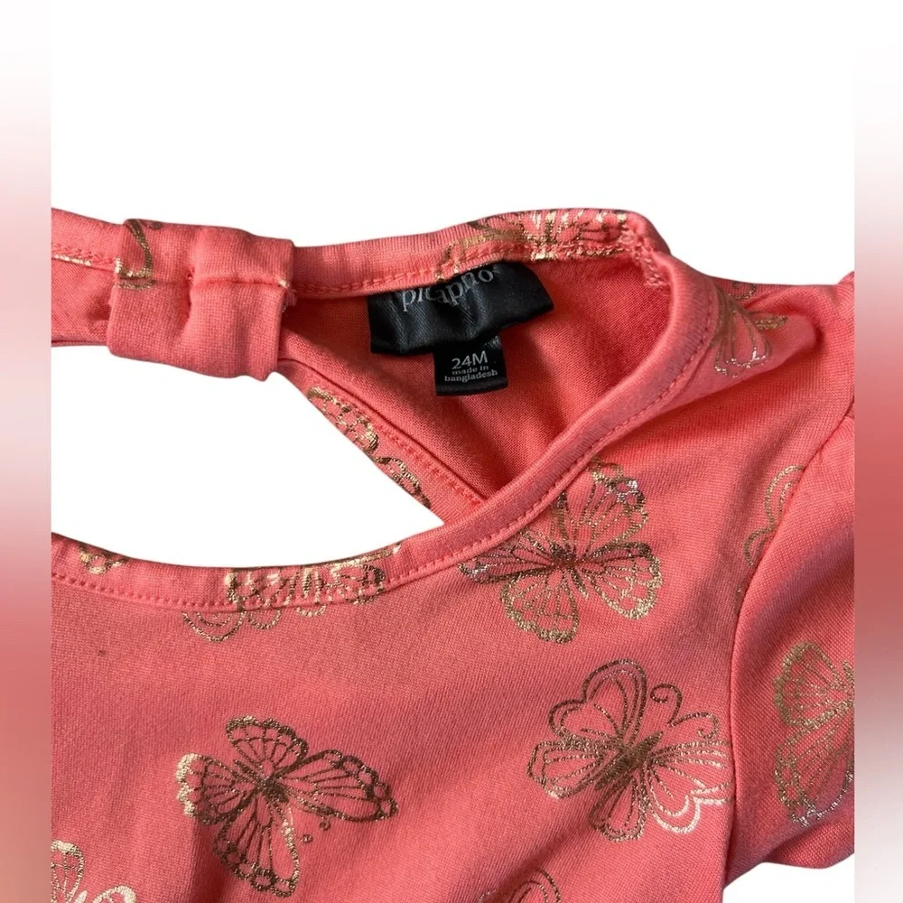 Picapino Toddler Girl Pink and Gold Butterfly Romper | 24 M